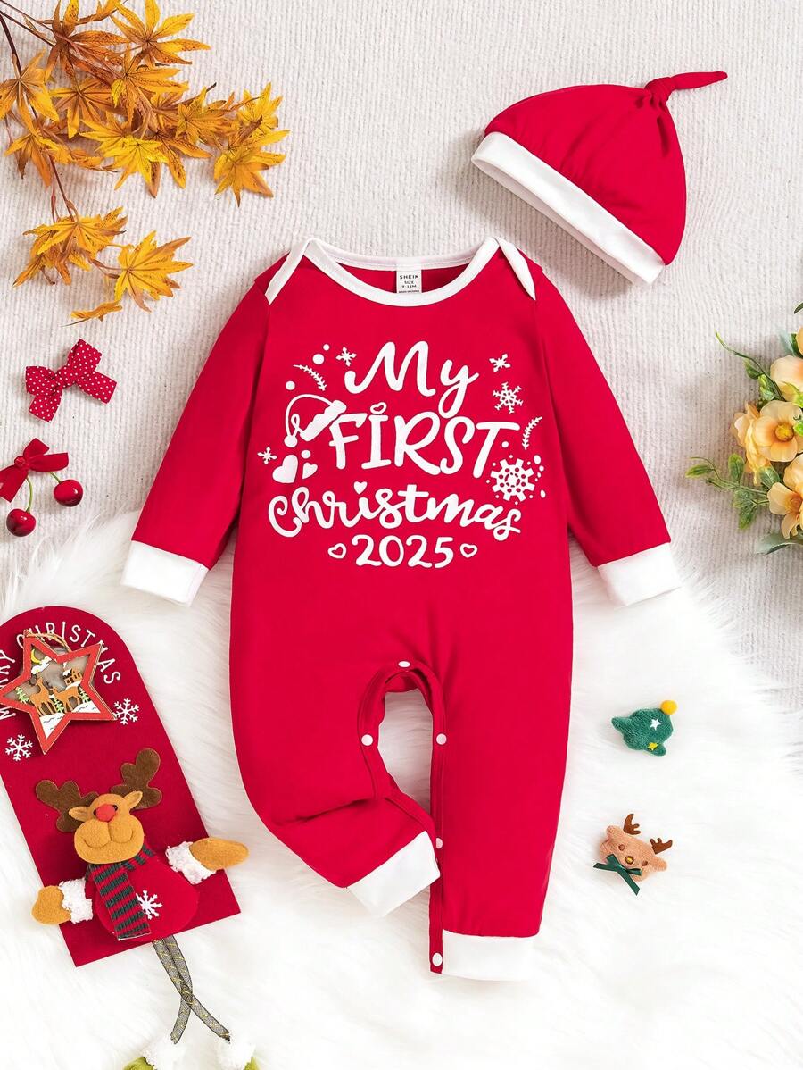 2pcs/Set Baby Boy Christmas Letter Print Color Block Long Sleeve Jumpsuit And Hat Outfits