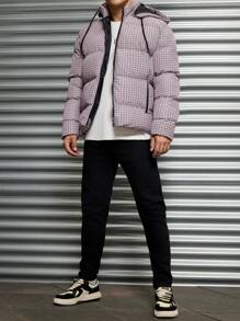 RueChic Men Plaid Printed Regular Hooded Padded Coat, Winter Clothes - Black - View 5