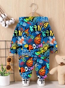 SHEIN Leap Crew 男婴休闲宽松卡通抽象图案柔软针织连帽卫衣套装，适合秋冬季穿着 - 彩色 - 查看 3