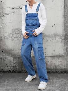 Manfinity Hypemode 男士纯色口袋休闲无袖牛仔工装裤 - 藍色 - 查看 3