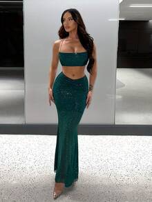 XLLAIS 夏季闪光亮片连衣裙套装性感吊带抹胸鱼尾裙狂欢派对绿色两件套女装 - 墨綠色 - 查看 5