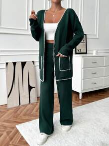 EURMUSE 2pcs Contrast Trim Knitted Cardigan And Pants Set - Dark Green - View 5