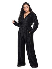Mono de talla grande con cuello en V, textura ornamentada y pinzas - Negro - Ver 5