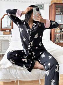 SweetSlumber Conjunto de pijama de verano de top y pantalones con estampado de gato y ribete en bloque de color, cómodo y casual para mujeres
