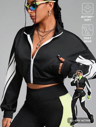 Innovista Damen locker sitzende luftdurchlässige gestrickte zweifarbige Zip-Up Sport Jacken, Damen Zip-Up Jacke, Damen Jacken, Winter Damen Jacke, Ausgeh-Oberbekleidung, Herbst-Mode, Winter Damen Bekleidung, Trainingsanzug, Damen Jacke