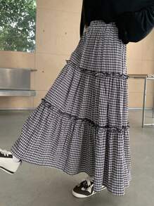 DAZY 女式秋季新款格子 A 字裙 - 黑色 - 查看 2