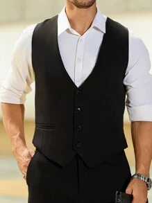 Calvornis Men's Solid Color Front Button Sleeveless Casual Suit Vest