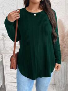 SHEIN LUNE 大码休闲纯色长袖冬季 T 恤 - 墨綠色 - 查看 4
