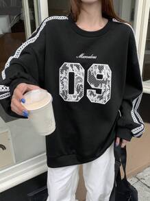 DAZY Sudadera holgada de cuello redondo con estampado numérico para mujer, ropa de mujer de otoño