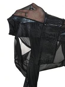 ROMWE Goth Y2K Sexy Minimalist Cross Patch Sheer Mesh Crop Top