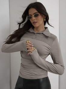 COSMINA Women Autumn Minimalist Pleated Zip-Up Fitted Long Sleeve Blouse - Grey - View 6