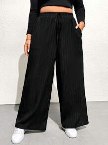 SHEIN Essnce Pantalones anchos de vestir de tela sólida negra elegantes, de moda casual para uso diario, de talla grande para mujeres, pantalones de vestir, pantalones holgados, pantalones cargo para mujer, pantalones holgados de mujer, pantalones de vestir de mujer de otoño
