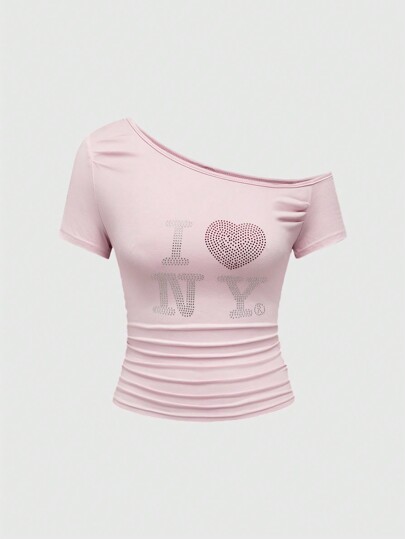 Women's Kpop Fashion Casual Rhinestone Heart & Letter Print Asymmetric Neck T-Shirt, For Carnival