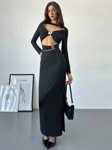 Aloruh Damen neue Metallic-Schleife Akzent Ausschnitt körperbetontes Mini-Kleid - Schwarz - Übersicht 1