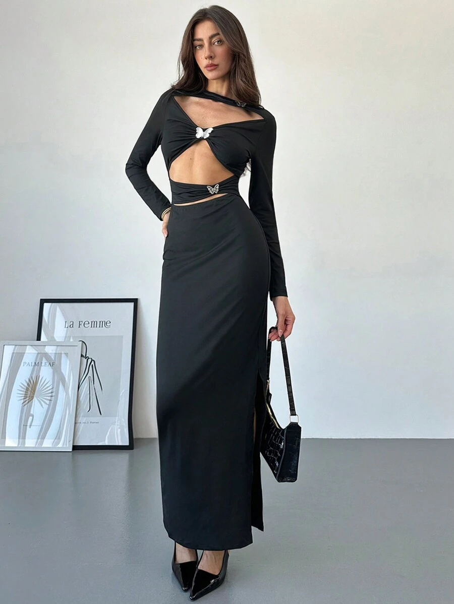 Aloruh Damen neue Metallic-Schleife Akzent Ausschnitt körperbetontes Mini-Kleid - Schwarz - Übersicht 1