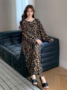 DAZY Bộ đồ ngủ Pijama cổ buộc họa tiết da báo in toàn thân, Moo Moo, cho mùa thu - Cà phê nâu - Xem 4