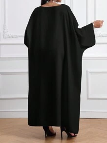 SHEIN Lady 秋冬季休闲白色编织圆领不对称长款大码衬衫长袍 - 黑色 - 查看 2