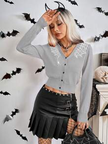 Chiquease Dames Halloween Spinnenweb Print V-hals Cardigan