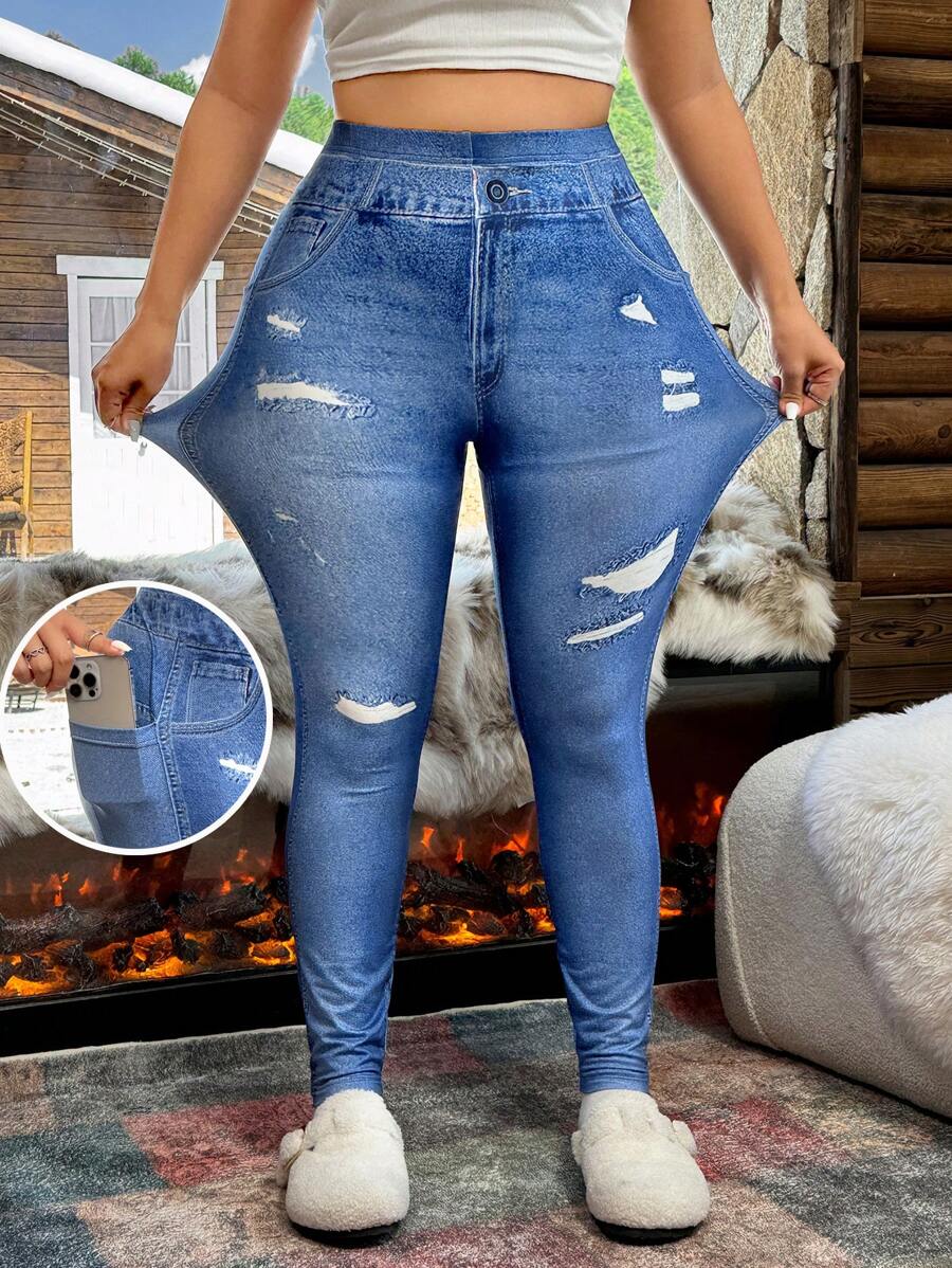 CovetEZ Quần legging denim cổ điển màu xanh cỡ lớn - Màu xanh lam - Xem 1