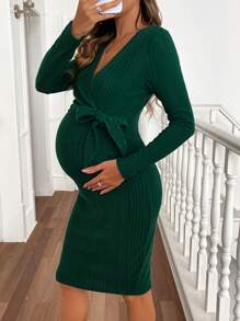 SHEIN 1pc Pregnant Women V-Neck Solid Color Long Sleeve Side Knot Fitted Elegant Dress, Autumn, For Maternity