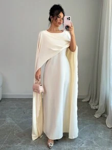 Chiquease Đầm Maxi Dự Tiệc Chiffon Cổ Tròn Rộng Rãi Viền Lớn Cho Nữ - Màu be - Xem 2