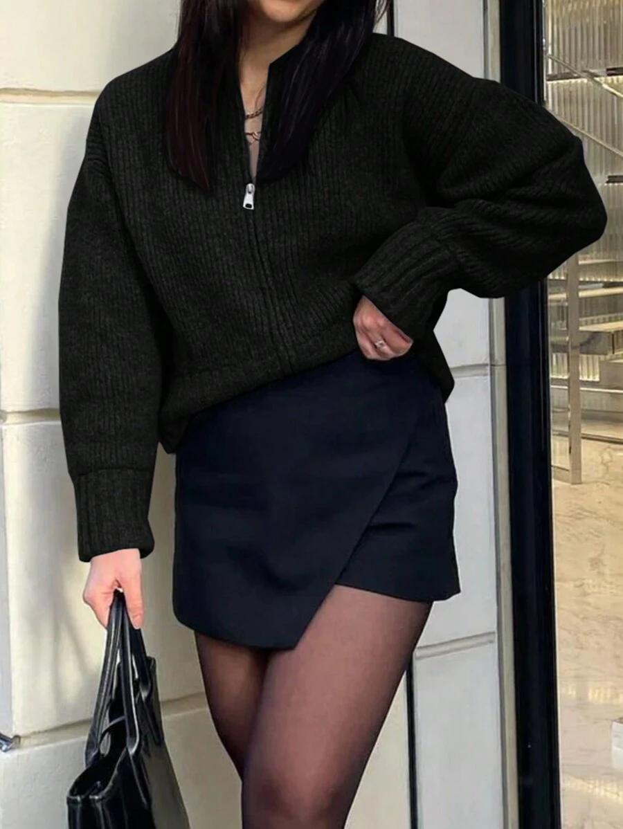 INAWLY Women Casual Solid Color Stand Collar Zip Up Cardigan, Autumn/Winter,Long Sleeve Tops Fall Cloth For Women - Black - View 1