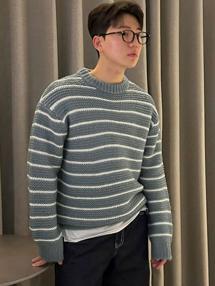 Men Striped Crew Neck Long Sleeve Casual Knitted Sweater, Autumn/Winter