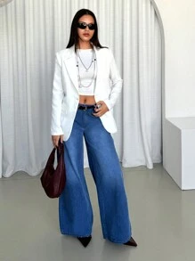 SHEIN Essnce Women Casual Heart Lace Trim Distressed Wide Leg Jeans - Blue - View 7