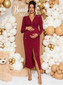 Loomaby 孕妇纯色闪光V领长袖扭纹下摆开叉连衣裙，秋季，适合婴儿洗礼派对，适合孕妇 - 酒紅色 - 查看 1