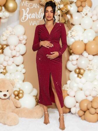 Loomaby Pregnant Women Solid Color Glitter V-Neck Long Sleeve Twist Hem Split Dress, Autumn,Autumn For Baby Shower Party, For Maternity