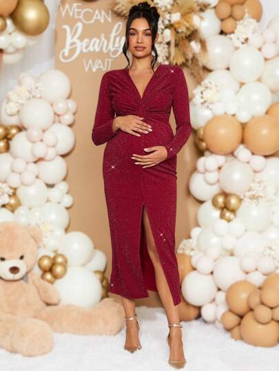 Loomaby Sukienka dla kobiet w ciąży w jednolitym kolorze z brokatem, dekoltem w serek, długim rękawem i rozcięciem na dole, jesień, jesień na baby shower party, dla kobiet w ciąży