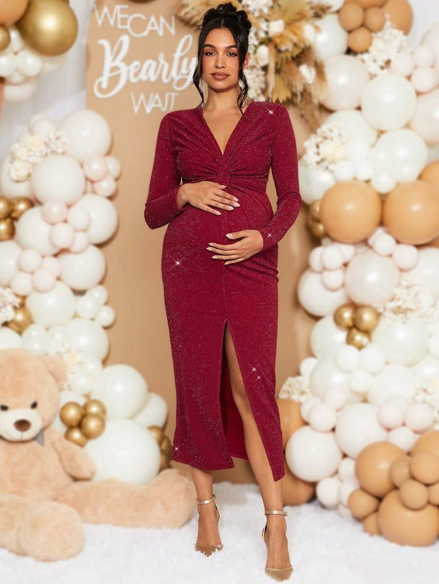 Loomaby 孕妇纯色闪光V领长袖扭纹下摆开叉连衣裙，秋季，适合婴儿洗礼派对，适合孕妇 - 酒紅色 - 查看 1