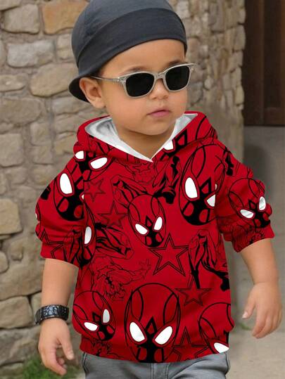 SHEIN Sudadera con capucha informal y holgada con estampado completo de manga larga para niños pequeños, adecuada para el otoño/invierno