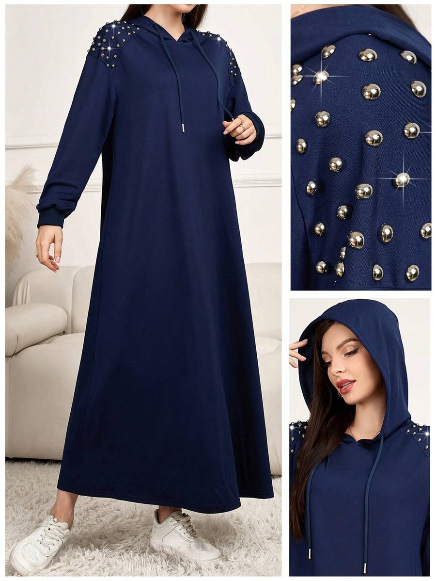 Mulvari Women's Autumn/Winter Beaded Decoration Drop Shoulder Long Sleeve Loose Drawstring Hooded Casual Sweatshirt Dress Pullover Fall Outfit