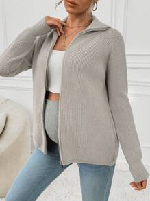 SHEIN 孕妇纯色翻领拉链休闲针织毛衣，适合冬季 - 淺灰色 - 查看 4