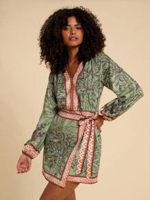 Travachic 度假编织印花 V 领长袖衬衫裙，女士度假波西米亚风休闲海滩热带椰子树印花连衣裙，长袖连衣裙 - 橘色 - 查看 6