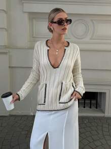 Damski głęboki dekolt w serek, kieszeń z przodu, ręcznie szyty, fajny sweter Czy