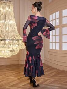 Modelyn Vestido largo de malla con estilo flamenco, vestidos de noche largos