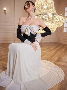 Modelyn 1 pièce Robe de soirée longue à épaules dénudées, nœud papillon, bloc de couleur contrastée - Nude - Voir 8