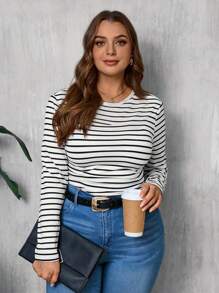 SHEIN LUNE Casual Minimalist Black And White Striped Plus Size Round Neck Printed Long Sleeve, Suitable For Autumn/Winter