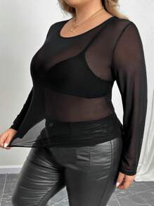 SHEIN CURVE+ Plus Size Women Spring Summer Solid Color Crew Neck Long Sleeve Sexy Mesh Sheer Blouse Christmas Party - Black - View 9