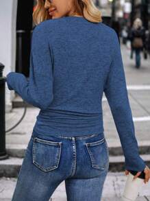 SHEIN LUNE Women's Plain V-Neck Ruffle Casual Versatile Long Sleeve T-Shirt - Blue - View 2