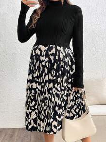 SHEIN Maternity Color Block Leopard Print Stand Collar Pleated Nursing Long Sleeve Dress,Casual, Pleated Nursing Dress,Casual,Autumn/Winter - Black - View 4