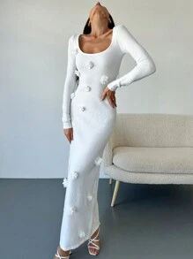Aloruh Romantisches Damen Pulloverkleid mit quadratischem Ausschnitt, Langarm, floraler Stickerei und figurbetonter Passform, Beige - Beige - Übersicht 8