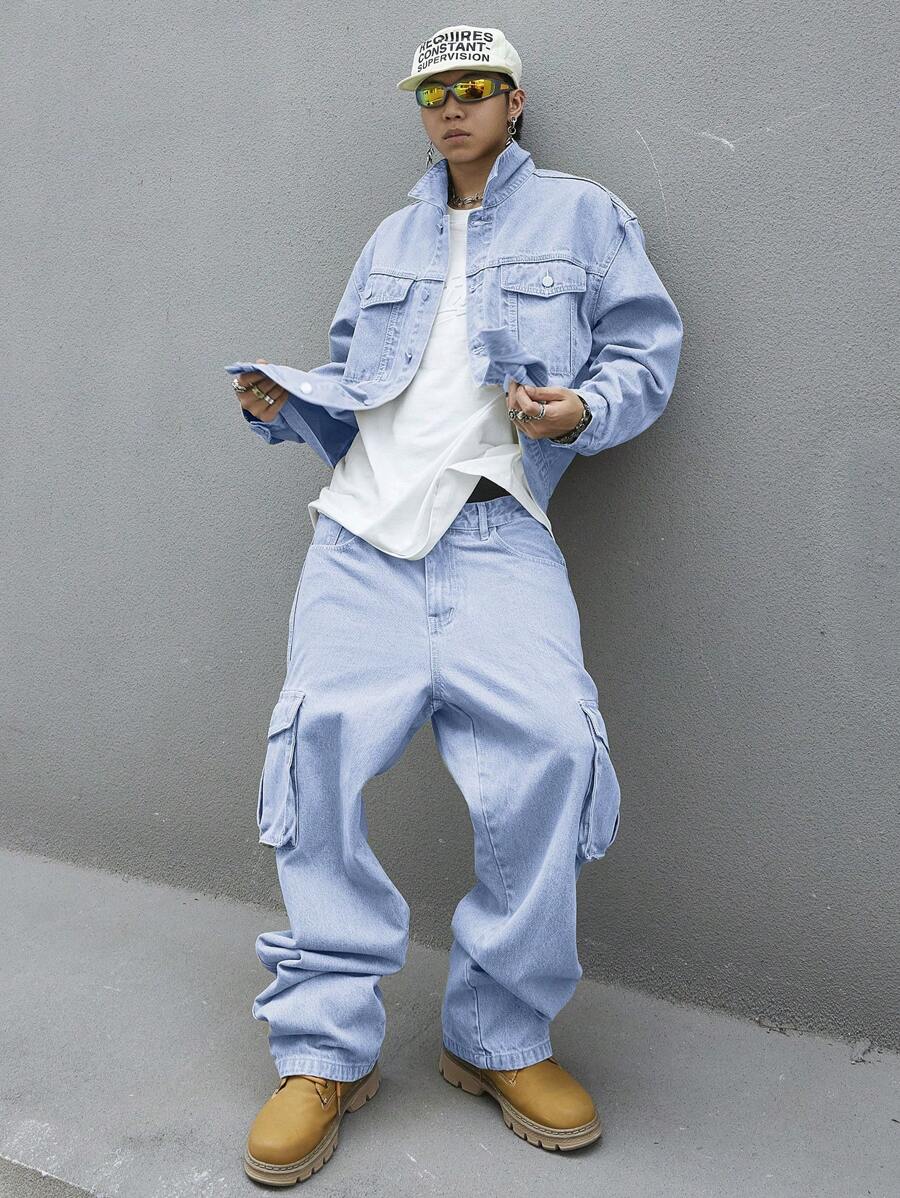 Manfinity Homme 2pcs Men's Casual Washed Denim Jacket & Pants Suit Set, Autumn - Light Wash - View 1