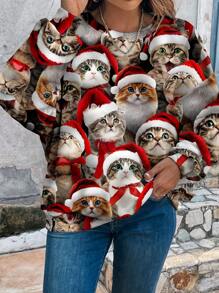 EMERY ROSE Áo nỉ Giáng sinh in hình mèo tối giản giản dị dành cho phụ nữ ngoại cỡ, mùa thu/đông - Nhiều màu - Xem 3