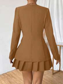 Chiquease 女式纯色方领单排扣优雅办公室西装外套，秋季 - 棕色 - 查看 2