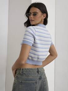 COSMINA Women Front Button Short Sleeve Striped Collar Simple Casual Top, For Daily Wear - Multicolor - View 2
