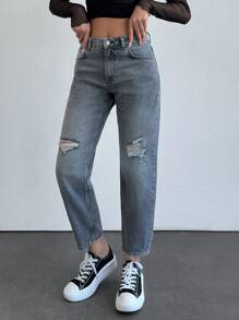 SHEIN MID-TAILLE GESCHEURDE MOM FIT GRIJZE JEANS