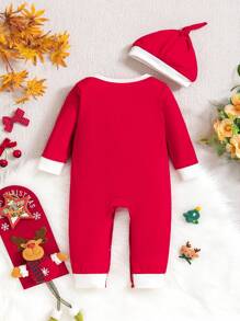 2pcs/Set Baby Boy Christmas Letter Print Color Block Long Sleeve Jumpsuit And Hat Outfits
